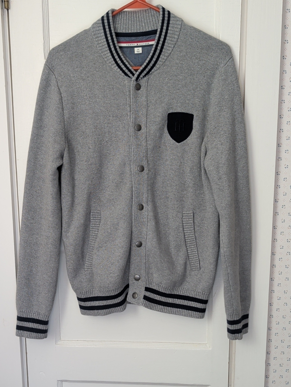 Tommy Hilfiger Small Sweater Jacket Men’s Gray Knit Varsity Preppy Academia